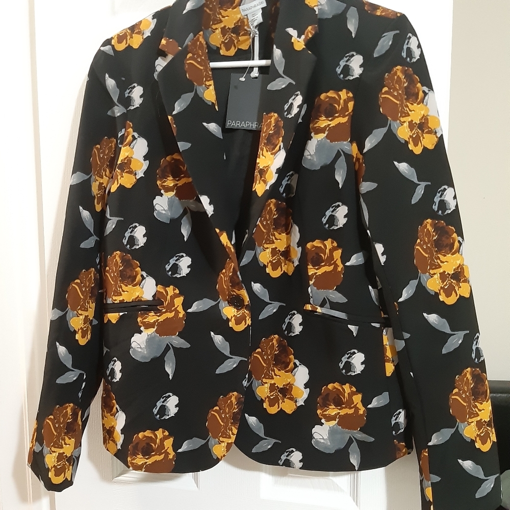 Paraphrase Black Blazer with Mustard Yellow & Gray Floral Print